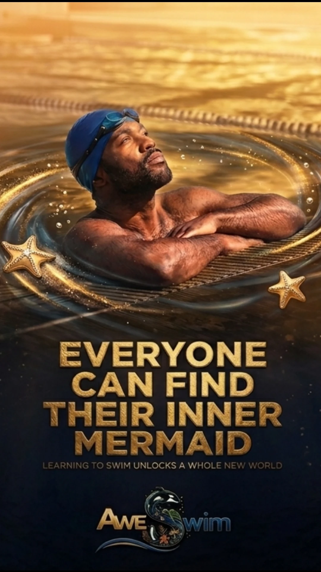 A swimmer at peace in the water surrounded by golden ripples and starfish — everyone can find their inner mermaid